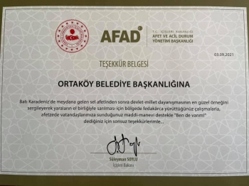 ''İçişleri Bakanımız Sn Süleyman SOYLU'dan Ortaköy Belediyesine Teşekkür Belgesi''